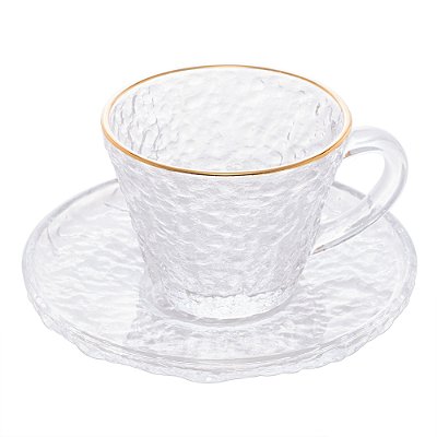 Xícara de Chá com Pires de Cristal Martelado Petra Fio de Ouro 180ml