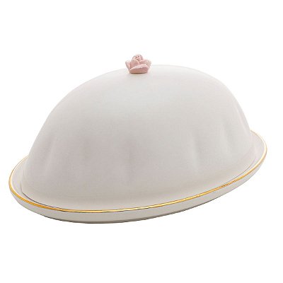 Manteigueira com Tampa de Porcelana Flower Rosa 16x10x9cm