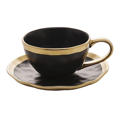 Xícara de Chá com Pires em Porcelana Dubai 200ml Preto e Dourado