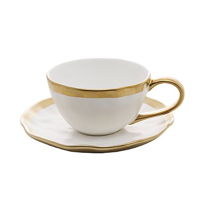 Xícara de Chá com Pires em Porcelana Dubai 200ml Branco e Dourado