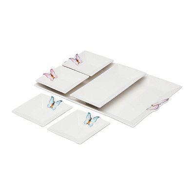 Conjunto 6 Peças Petisqueiras e Bandeja de Porcelana Borboletas