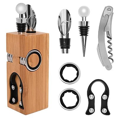 Kit Acessórios de Vinho Bambu Abridor Saca-Rolhas Tampa Anéis Salva Gotas Cortador de Lacre Tampa e Bico Dosador