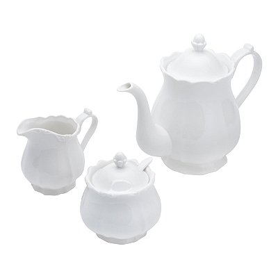 Jogo De Chá Bule Leiteira Açucareiro Porcelana 3 Peças Fancy Branco