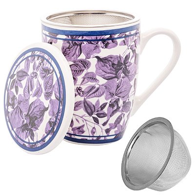 Caneca Porcelana Tampa Filtro Infusor de Chá Inox Blue Garden 310ml