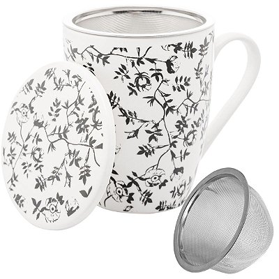 Caneca Porcelana Tampa Filtro Infusor de Chá Inox Tiny Flower 310ml