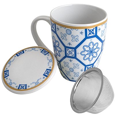 Caneca Porcelana Tampa Filtro Infusor de Chá Inox Braga White 310ml