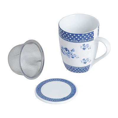 Caneca Porcelana Tampa Filtro Infusor de Chá Inox 310ml Lyor