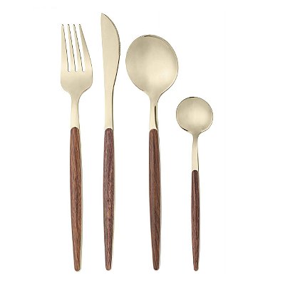 Faqueiro com 24 Peças De Aço Inox Cabo Estampa Madeira Organic Dourado
