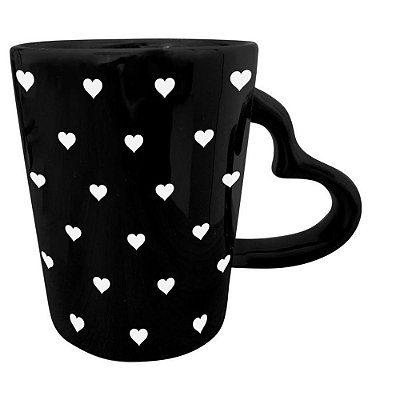 Caneca de Cerâmica 270ml Alça de Coração Preta com Estampa de Coração Branco