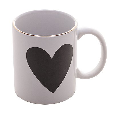 Caneca de Porcelana Coração Big Heart Preto com Borda Dourada 350ml