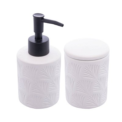 Conjunto para Banheiro 2 Peças De Cerâmica Leaf Branco e Preto