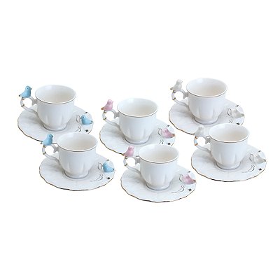 Conjunto 6 Xícaras Café Porcelana Birds Pássaro Colorido 100ml