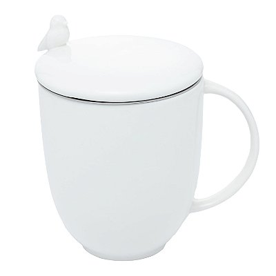 Caneca Porcelana Com Tampa E Infusor Birds Branco 350ml