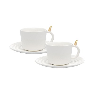 Conjunto 2 Xícaras Chá Com Pires De Cerâmica Colibri 170ml Branco
