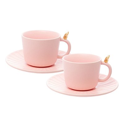 Conjunto 2 Xícaras Chá Com Pires De Cerâmica Colibri 170ml Rosa
