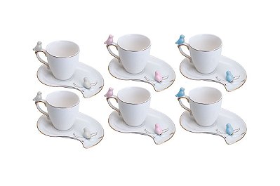 Conjunto 6 Xícaras Café Porcelana Birds Pássaro Colorido 90ml