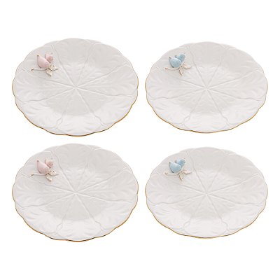 Conjunto 4 Pratos de Sobremesa Porcelana Birds Pássaro Coloridos