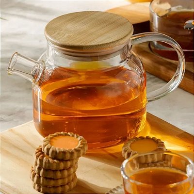 Chaleira Bula De Vidro Resistente 800ml Tampa Bambu E Filtro