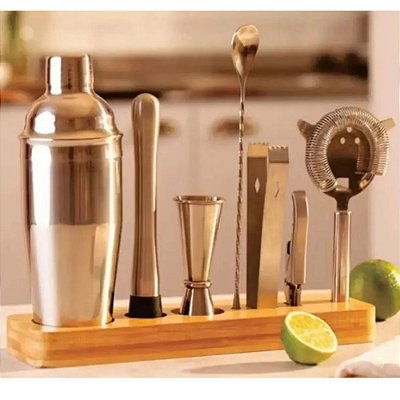 Kit Conjunto Bar 8 Peças Profissional Base Bambu De Bancada