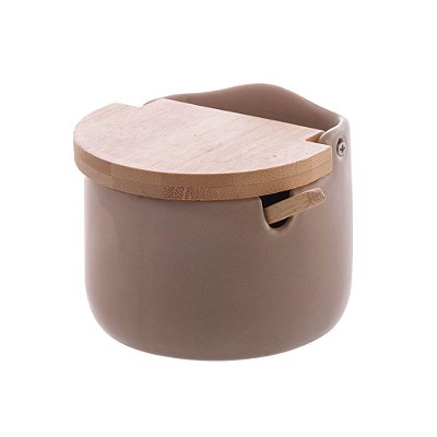 Saleiro De Cerâmica Tampa  Colher Em Bambu 350g Mesa Bancada