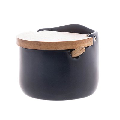 Saleiro Cerâmica Tampa E Colher Bambu De Mesa Bancada 350g
