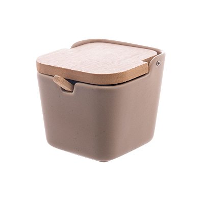 Saleiro De Mesa Bancada Com Tampa E Colher Bambu Quadrado