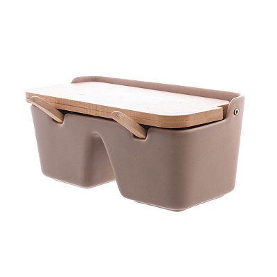 Saleiro 2 Em 1 Cerâmica Tampa E Colher De Bambu 19cm Areia