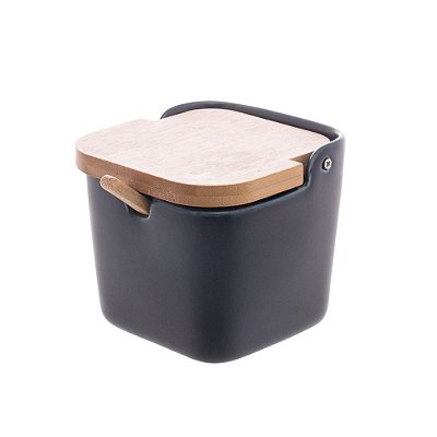 Saleiro Cerâmica Colher E Tampa De Bambu 10,5cm De Servir