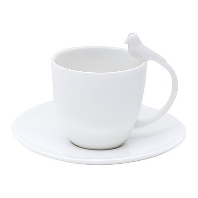 Xicara de Café com Pires de Porcelana Birds Branco 80ml