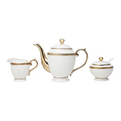 Conjunto para Chá 3 Peças Bule Leiteira e Açucareiro Porcelana Paddy Branco e Dourado