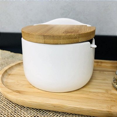 Porta Temperos Condimentos Porcelana E Colher Tampa Bambu