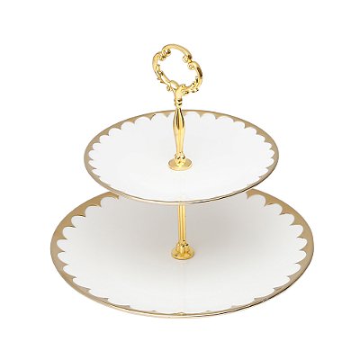 Prato Duplo para Doces de Porcelana Egg Branco e Dourado