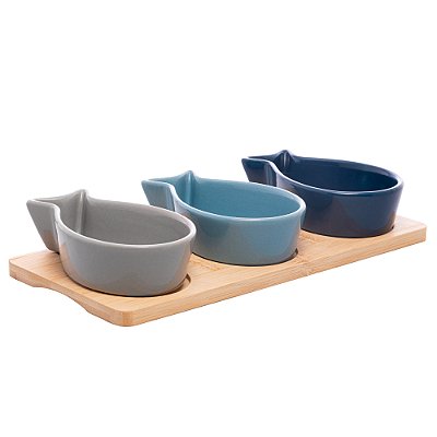 Petisqueira Bandeja Bambu 3 Ramekin Cerâmica Formato Peixe