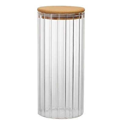 Pote Hermético De Vidro Canelado 1L Tampa De Bambu 20cm