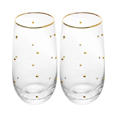 Kit 2 Copos Balls Fio De Ouro 300ml Vidro Fino Água Suco