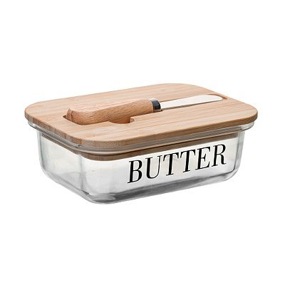 Manteigueira Vidro Com Espátula 15cm Tampa De Bambu Butter