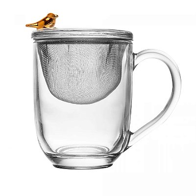 Caneca de Chá Com Tampa Infusor Bird Dourado 350ml Cristal
