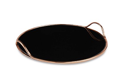 Bandeja Rose Gold com Vidro Preto Redonda - Média