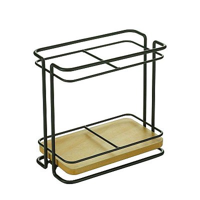 Porta Talheres Metal Wood Rack Preto