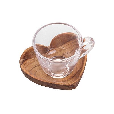 Xícara de Café com Pires de Madeira Teca Coração - 75ml