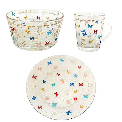 Kit Café da Manhã Prato Bowl e Caneca Americano em Vidro Borboletas