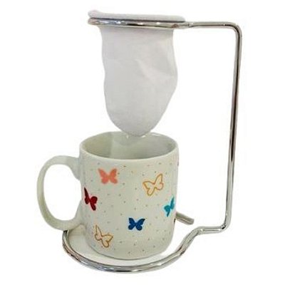 Caneca com Suporte Inox com Mini Coador de Café Borboleta