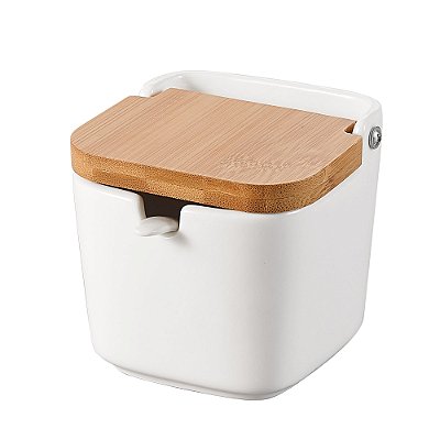 Saleiro de Cerâmica Branco com Tampa de Bambu Quadrado com Colher