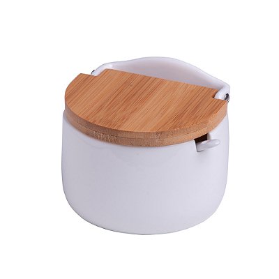 Saleiro de Cerâmica Branco Com Tampa de Bambu e Colher