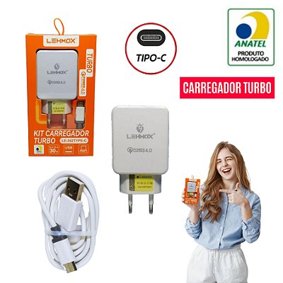 Carregador Universal C/ 1 Entrada Usb LE-342Type-C (Turbo Tipo-C)