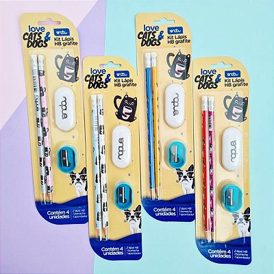 KIT LAPIS LOVE CATS AND DOGS C/ 4 PECAS
