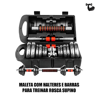 KIT MUSCULAÇÃO ANILHAS 20KG HALTERES BARRA PARA ROSCA DIRETA E SUPINO