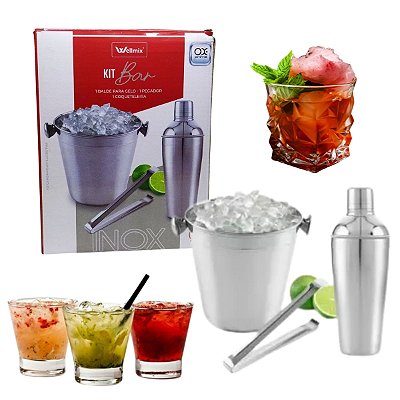 INOX KIT BAR BALDE GELO RED. C/ALCA 1 LT COQUETELEIRA/SHAKEIRA 550ML PEGADOR OX PRIME 5308 WELLMIX