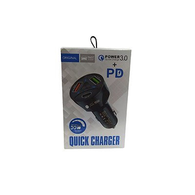 Carregador Veicular Para Celular 55W Com 3 Entradas 2 x Usb 1x Usbc QCC-006