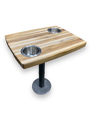 Mesa p/ barcos com base e haste regulável tampo Teca 45x30x3cm C/ 2 porta copos aço inox